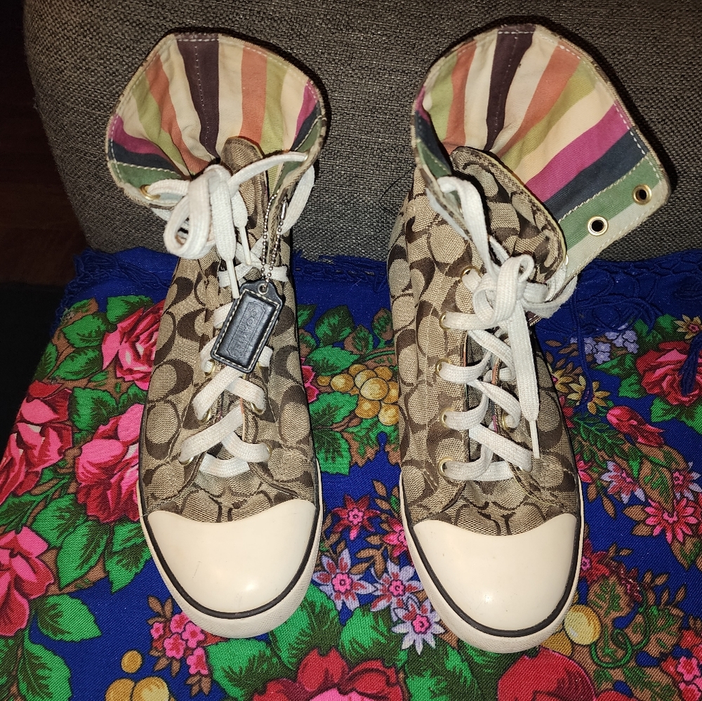 Coach Signature Canvas High-Top Sneakers with Striped Interior